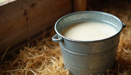 Fresh milk in metal bucket on hay bedding at dairy farm. Natural farm product for breakfast. Creamy white liquid beverage, healthy drink for children and adults.