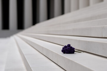 military remembrance, memorial adorned with purple heart medals, flowers laid on the steps