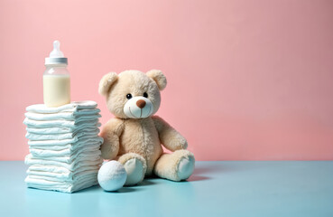 Baby essentials including stack of diapers, teddy bear toy, milk bottle. Newborn gift set for baby shower on pink background. Celebrate new life, infancy, childhood with baby boy items. Hygiene,