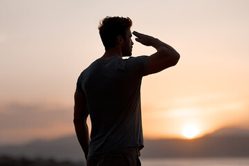 Fototapeta premium patriotic tribute, a veteran displaying emotions and respect, saluting before the american flag at sunset