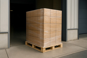 Shrink wrapped cardboard boxes stacked on wooden pallet at warehouse loading dock, packaging storage logistics system, delivery preparation zone, freight distribution infrastructure, cargo shipping pr
