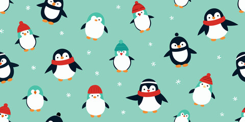 Cute seamless Christmas pattern vector illustration featuring penguins, snowmen, and snowflakes for a happy winter holiday card decoration