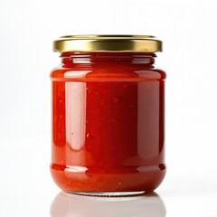 Glass jar filled with homemade tomato sauce. Golden lid secured on container. Bright red sauce texture visible through clear glass. Isolated studio shot on white background, perfect for recipes,