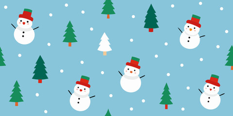 A joyful snowman with a festive hat and scarf stands beside a decorated Christmas tree, a perfect scene for a holiday greeting card