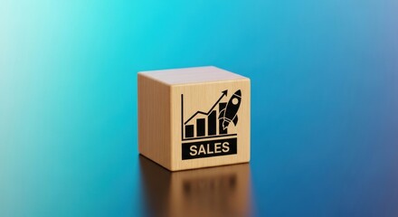 Wooden cube with a sales growth chart and a rocket symbol, indicating sales increase and business success
