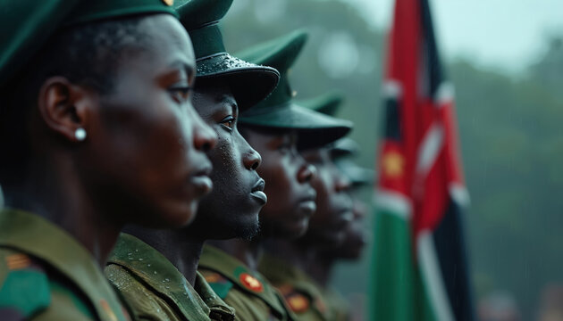 Kenyan soldiers in formal attire stand at attention during solemn Madaraka Day remembrance ceremony. Raindrops glisten on uniforms, hats as Kenyan flag flies at half-mast, national pride, respect.