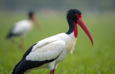 Fototapeta premium Stork bird with distinctive red markings on neck, beak stands in green marshland. Another stork blurred in background. Wild bird thrives in aquatic wetland environments, natural beauty, conservation