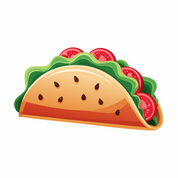 recommend clip art: Classic Mexican street food taco with fresh lettuce and tomatoes. A delicious and savory cartoon illustration isolated on a white background.