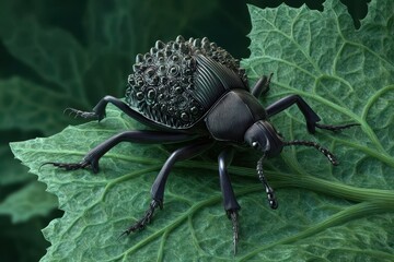 Detailed View of a Black Beetle on a Leaf