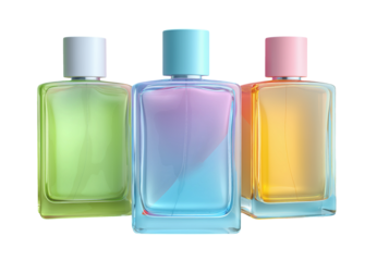 Three colorful perfume bottles isolated on transparent background for product design.