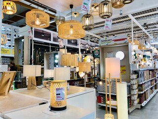 Alicante, Spain - August 02, 2025: Modern lighting display featuring various lamps and fixtures in Leroy Merlin store with copy space for design