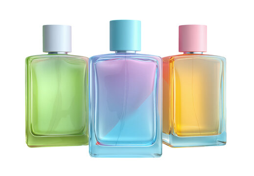 Three colorful perfume bottles isolated on transparent background for product design.