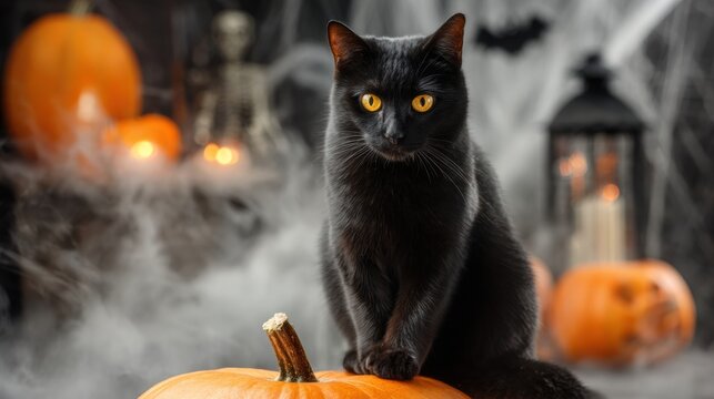 Black cat sitting with pumpkins in a foggy Halloween scene, mysterious atmosphere.