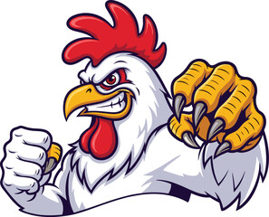 Cartoon angry rooster with clenched fist, fierce expression, red comb and wattle, aggressive pose, dynamic farm animal, vector illustration