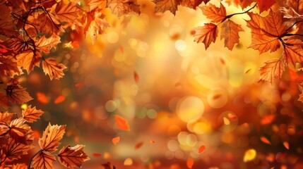 Autumn foliage background with falling leaves and warm sunlight. Orange autumn background. Horizontal banner. Copy space. Free space for text. Back to school