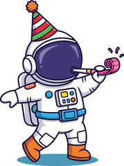 Cartoon astronaut blowing party horn, white spacesuit, orange boots, striped party hat, celebration theme, cute space character, vector illustration, festive design