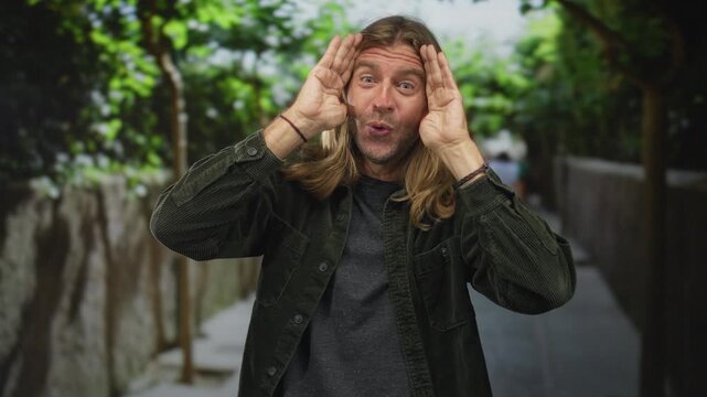 Man with long blond hair wearing corduroy jacket frames hands like binoculars on street outdoors; curiosity.