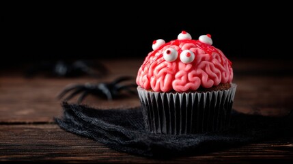 Cupcake shaped like a brain with eyes and spider on a black napkin, concept of Halloween and scary desserts.
