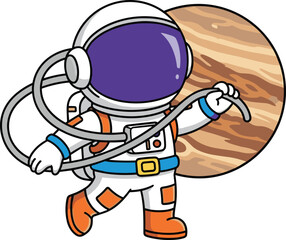 Cartoon astronaut walking in space, white suit with orange accents, dark visor helmet, holding cable, Jupiter planet background, vector illustration