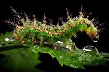 Fototapeta premium Enchanted Caterpillar on a Dew-Kissed Leaf