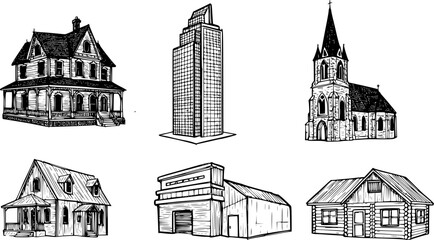 Obraz premium A set of building icon. black silhouette on a white background