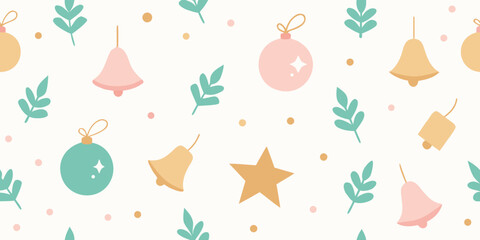 Seamless holiday pattern design with festive winter flowers, cartoon birds, and decorative ornaments