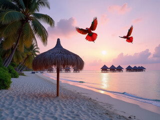 Straw umbrella on tropical sandy beach in Maldives.
Palm trees, thatched bungalow on ocean shore. 
Pink sky with cloud. Travel photo. 
Evening sunset, flying red macaw parrot.