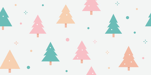 Seamless Christmas pattern featuring whimsical winter trees, festive decorations, and snowflakes perfect for holiday celebration cards and designs
