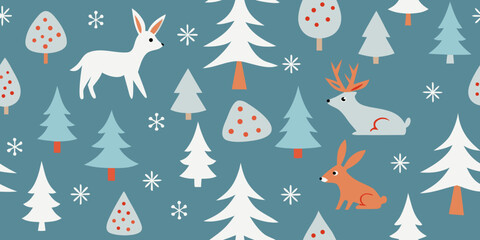 Seamless vector pattern featuring festive Christmas trees, snowflakes, and stars, perfect for winter holiday decorations and celebration designs
