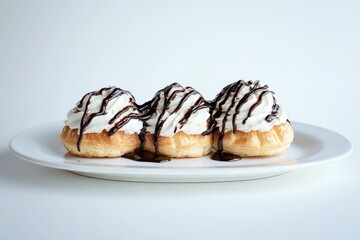 Three cream puffs, topped with whipped cream and chocolate sauce, on a white plate