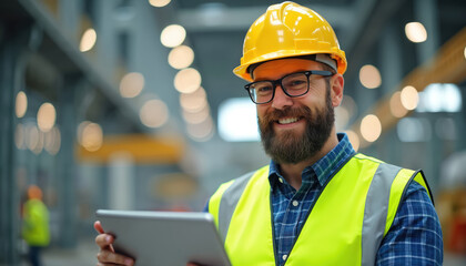 Smiling engineer with beard, glasses, yellow hard hat, safety vest uses tablet in modern factory. Expert plans green energy solutions, promoting sustainability, industrial eco-transformation for