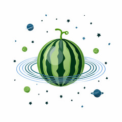Watermelon planet illustration with celestial bodies and ring system, offering a unique cosmic fruit concept