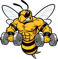 Cartoon muscular bee lifting dumbbells, fierce expression, bodybuilder insect, striped abdomen, strong arms, vector illustration, fitness mascot