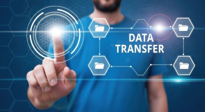 Man touching a futuristic interface displaying data transfer, symbolizing digital connection, information exchange, and technological advancement