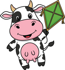 Cute cartoon cow, flying green kite, adorable farm animal, playful bovine character, cheerful kids illustration, fun outdoor activity, vector art