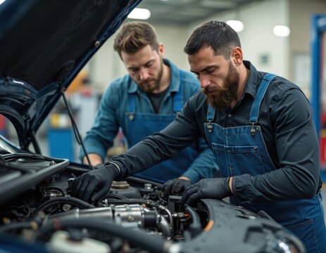 Two mechanics work on car engine inside auto repair garage. One mechanic in foreground wears black shirt, blue overalls, concentrating on engine components. Second mechanic in blue denim overalls