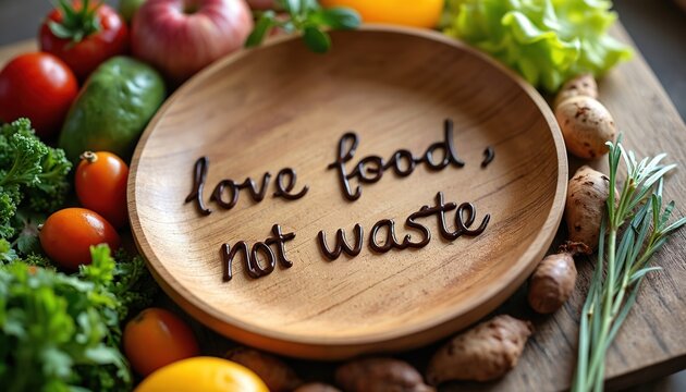 Wooden plate with chocolate lettering message Love Food Not Waste surrounded by fresh organic vegetables, fruits promoting food waste awareness, sustainable zero waste lifestyle choices for