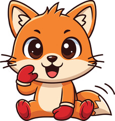 Cute cartoon fox sitting, waving hand, red gloves and boots, friendly animal character, orange fur, children’s illustration, vector art, adorable design