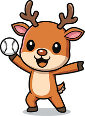 Cute cartoon reindeer holding baseball, playful deer character, adorable animal illustration, fun sports theme, cheerful mascot design, kids art, vector