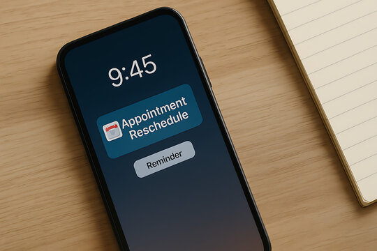 Smartphone screen showing appointment reschedule reminder notification at 9:45, digital calendar alert, time management concept, mobile scheduling app interface, productivity organization, business me