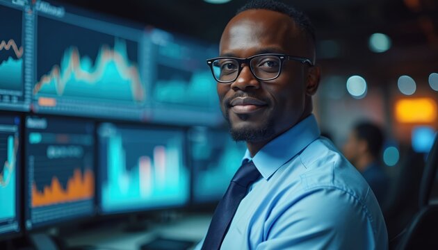 Kenyan male Forex trader smiles confidently in front of multiple screens displaying financial market graphs. Professional businessman in Nairobi analyzes currency trading data, charts, growth