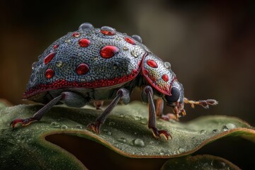 Intricate Beetle on a Dewy Leaf