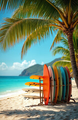 Colorful surfboards stand in rack on sandy tropical beach. Palm trees frame scene with clear blue water, distant hills. Bright sunshine illuminates paradise vacation spot, perfect for summer surfing