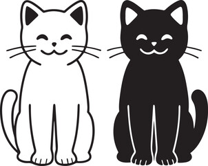 Cute Smiling Cartoon Cats - Black and White Pair