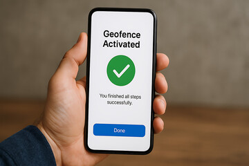 Geofence activated notification on smartphone screen held in male hand, location based service technology, GPS tracking security alert, automatic virtual boundary detection system confirmation message