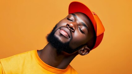 Man in Orange: A young man with dark skin, a beard and an orange hat, is seen tilting his head back and closing his eyes. The image conveys a sense of relaxation and contentment. - Powered by Adobe