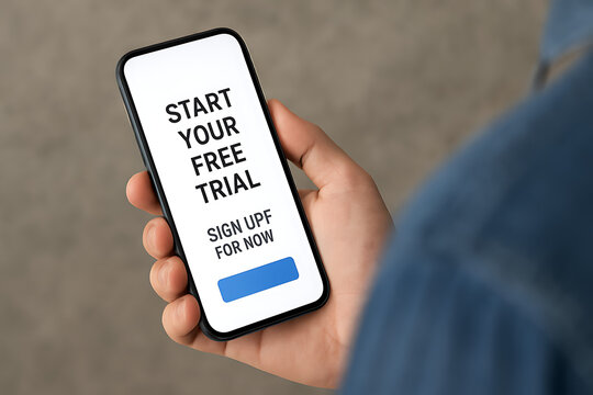 Start your free trial message on smartphone screen held in male hand, mobile application subscription promotion, digital marketing offer, online service registration, new user sign up call to action c