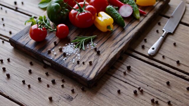 visually appealing arrangement assorted vegetables wooden cutting board enhanced scattered spices bs offering vibrant health focused culinary visual