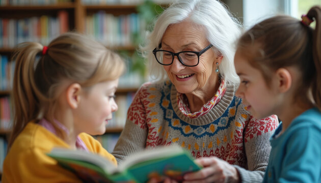 Elderly woman reads book with children in library. Senior volunteer engages kids in learning, promoting literacy, connection. Smiles shared during joyful educational activity fostering growth,