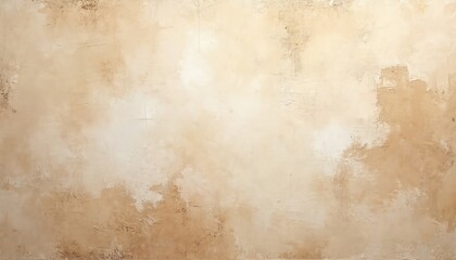 Abstract beige painting features textured surface with distressed, mottled, crackled effect. Warm earthy tones of cream, tan, brown, gold, ocher, pale hues create aged, weathered look. Rustic canvas